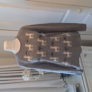J.Crew Womens 100% Grey Wool Llama Print Crewneck Sweater Faux Rhinestones S-SM